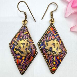 Eastern Mystic Symbol Mosaic Brass Boho Dangle Earrings Festival Bohemian Gypsy